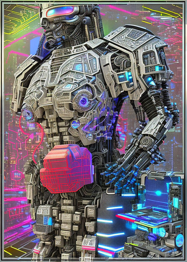 Detailed futuristic robot with intricate designs holding red cube on vibrant digital background