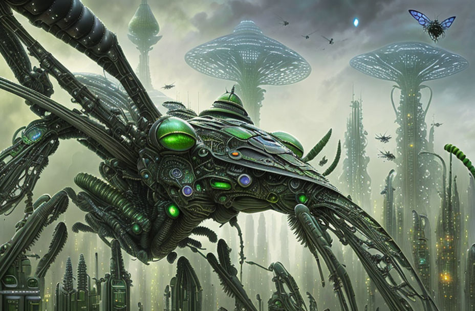 Futuristic cityscape with organic-like structures and insect-inspired vehicle in green hues