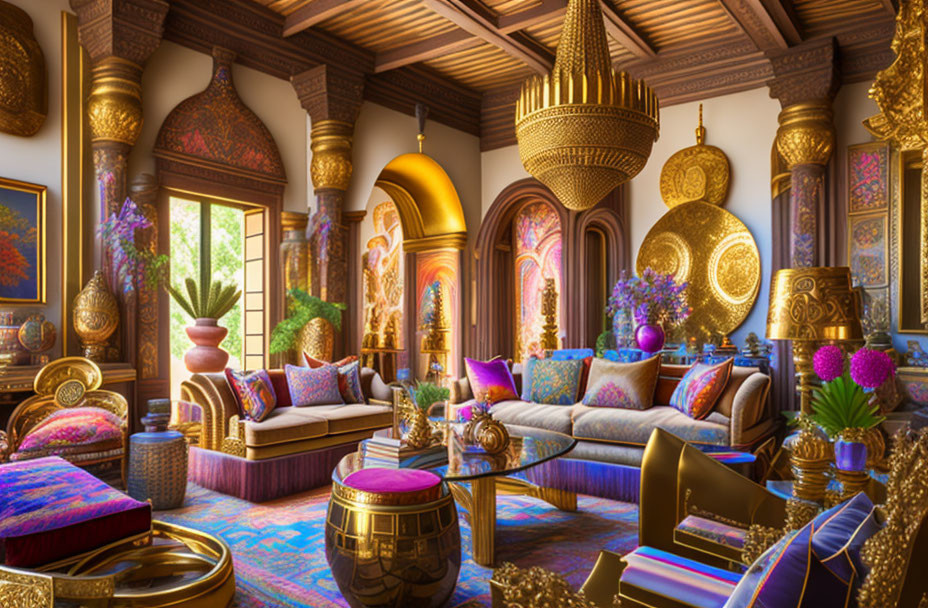 Luxurious Colorful Interior with Ornate Decorations and Plush Seating