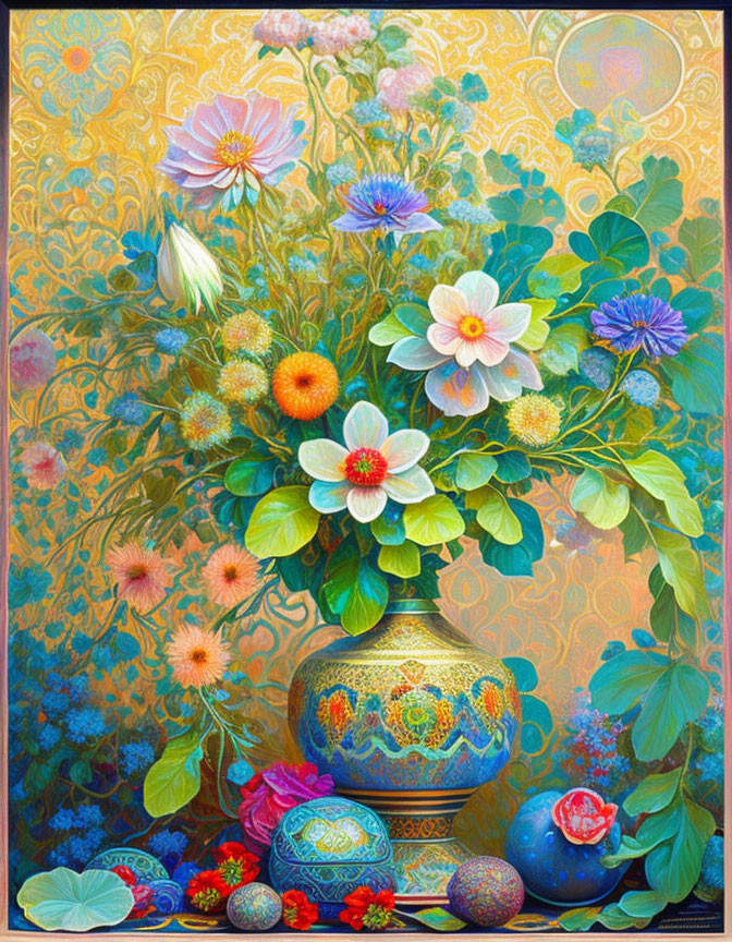 Colorful bouquet painting with Easter eggs and golden background