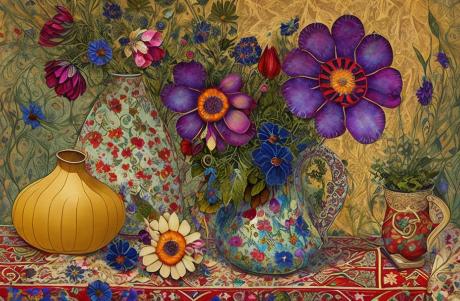 Colorful flowers in patterned vases on detailed textile background