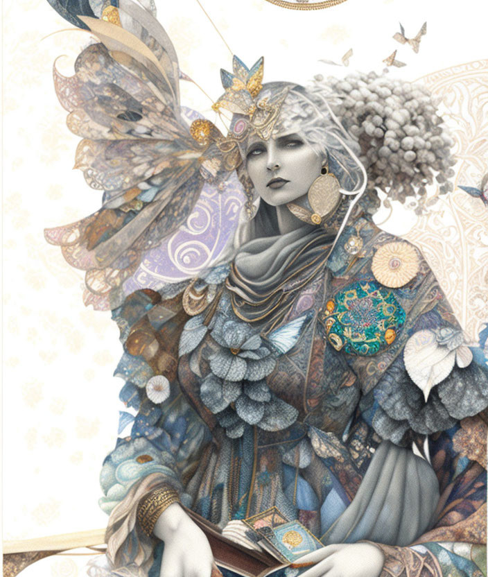 Fantastical woman with ornate wings and celestial motifs