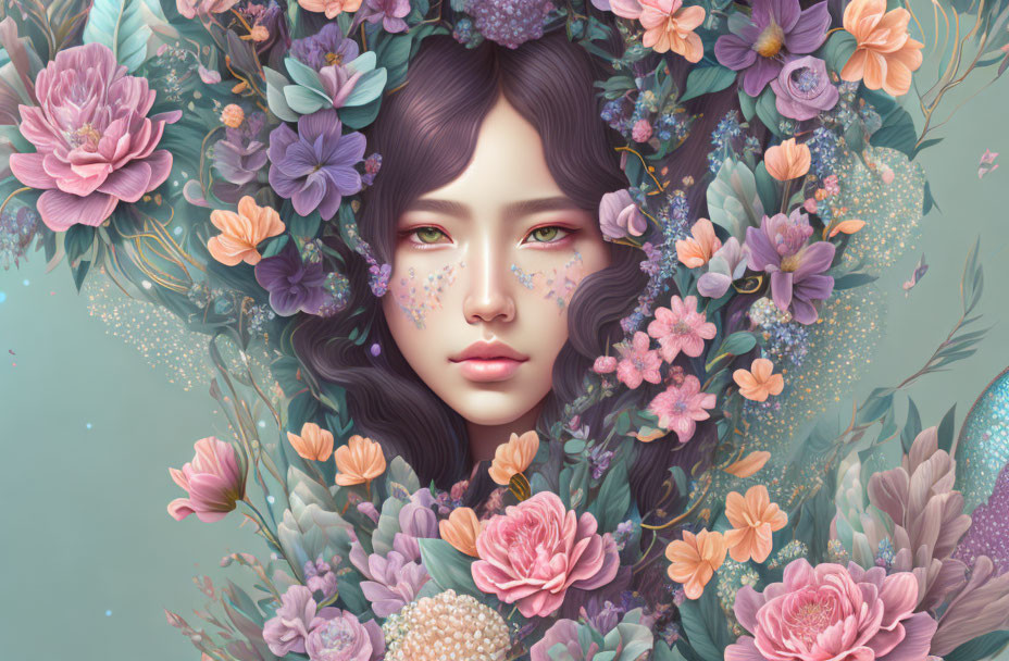 Illustrated woman in floral setting with serene expression