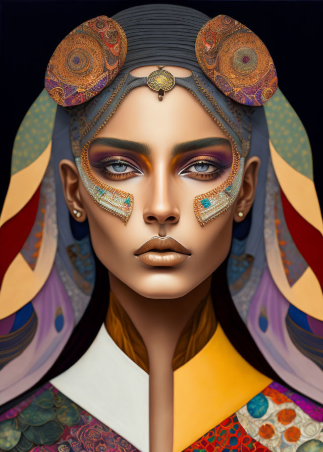 Stylized digital portrait of woman with ornamental headgear and bold makeup