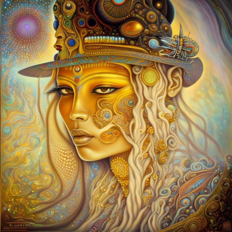 Colorful artwork of a stylized woman with golden skin and intricate patterns, wearing a headdress and