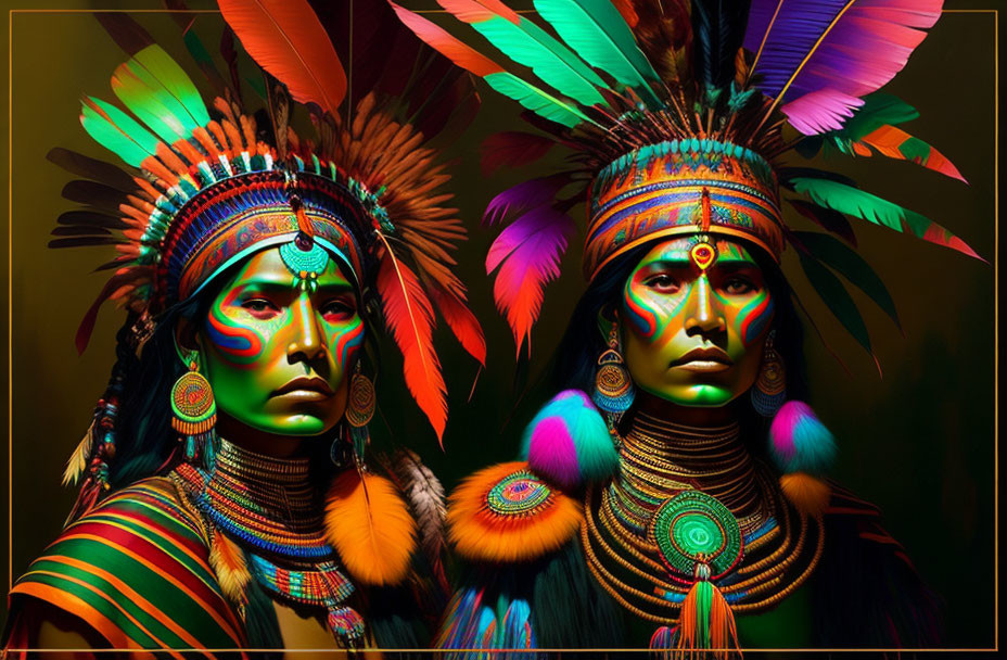 Colorful Feathered Native American Headdresses in Studio Setting