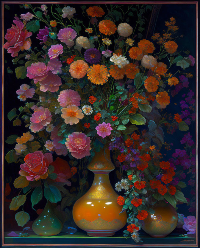 Colorful Flower Bouquet in Golden Vase on Dark Background