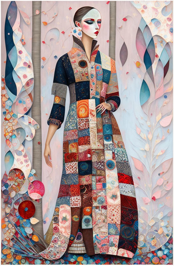 Woman in Patchwork Robe Surrounded by Geometric and Floral Designs