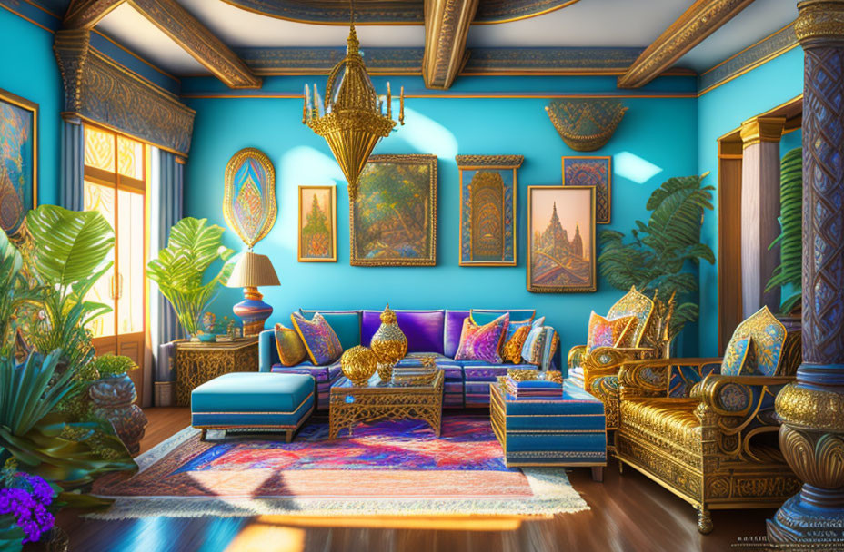 Luxurious Living Room with Blue Walls and Golden Accents