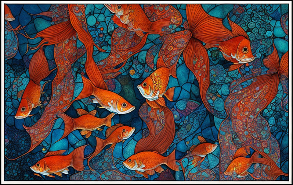 Colorful illustration of ornate orange fish swimming in blue bubbles