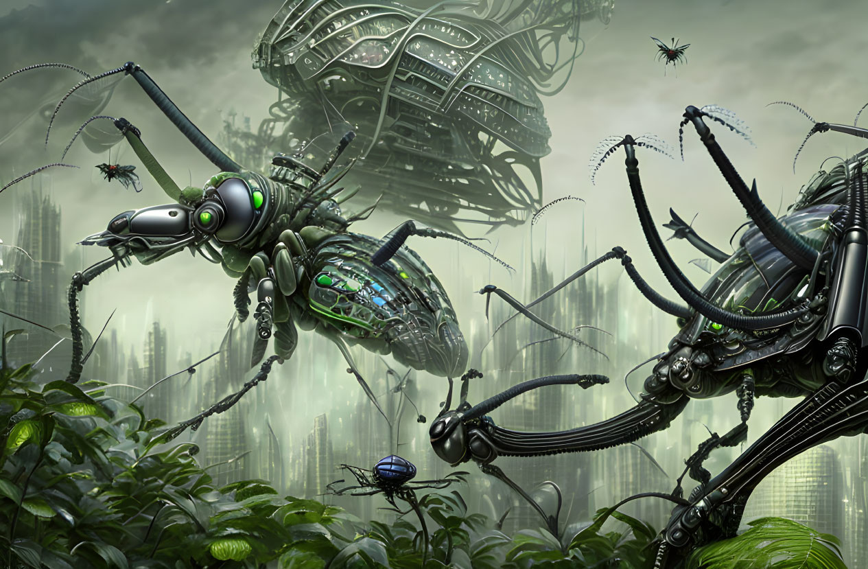 Surreal Artwork: Mechanical Insects in Jungle with Futuristic Structures