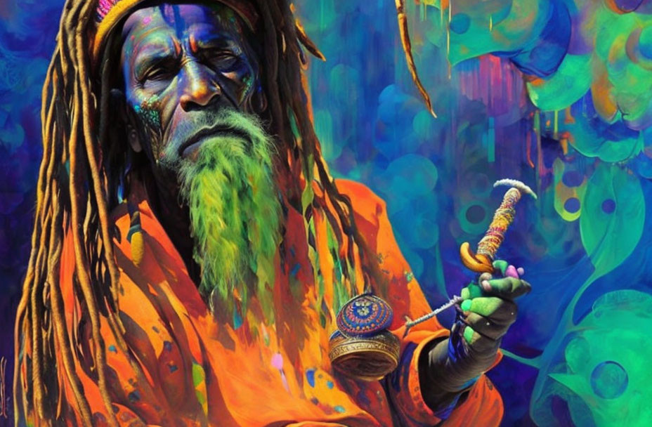 Colorful digital portrait of person with dreadlocks in orange attire and decorated pipe, against psychedelic blue and