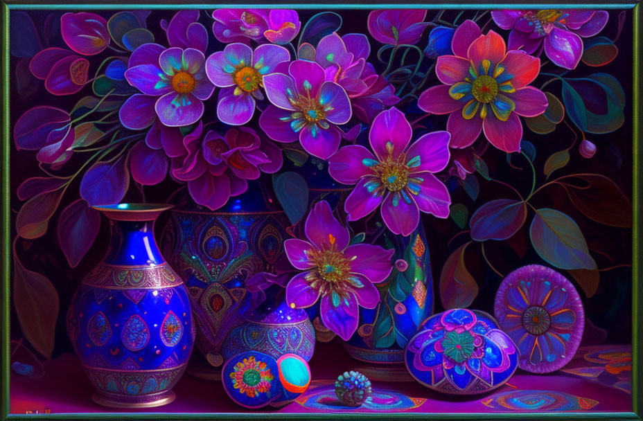 Colorful digital artwork: Luminescent flowers in vase with patterned orbs