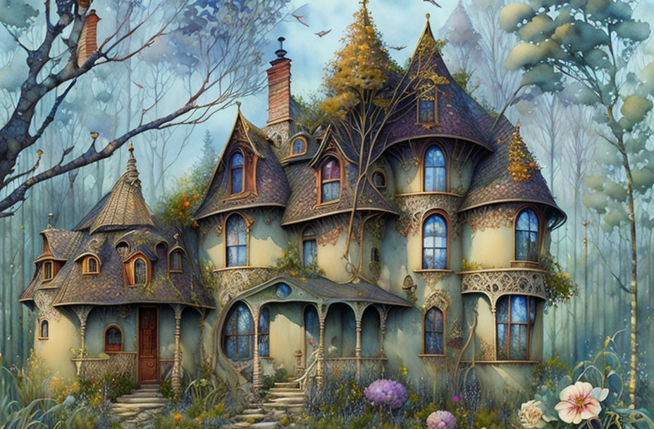 Fairy-tale cottage with turrets in mystical forest