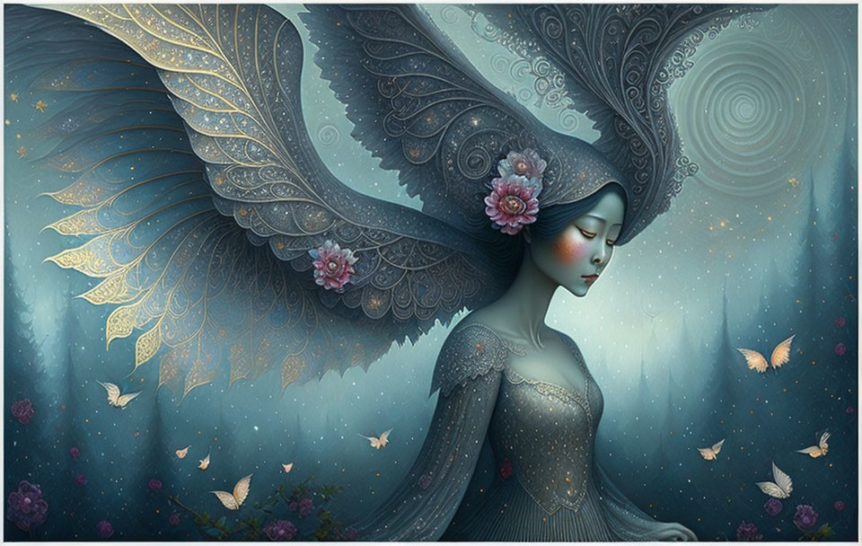 Fantastical illustration of woman with intricate wings in starry backdrop