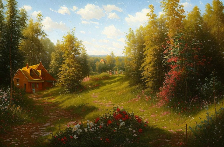 Tranquil forest glade with blooming shrubs and cozy house