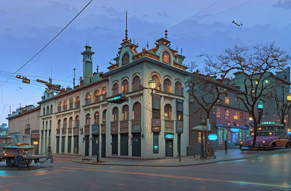 Twilight scene of ornate building with streetlights, cars, and tram lines