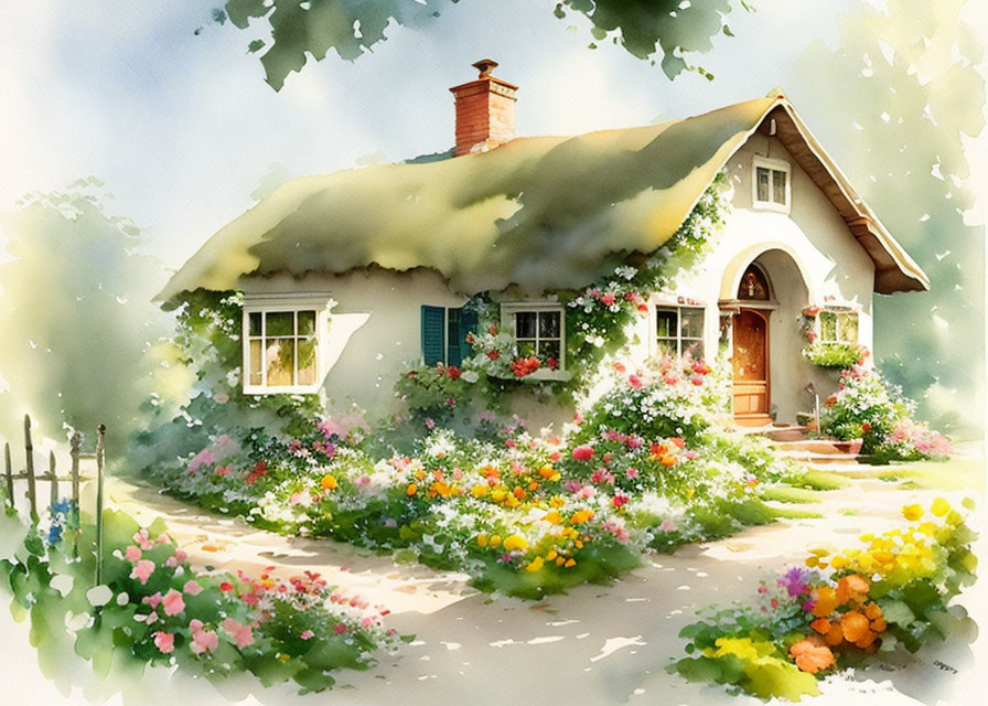 Thatched roof cottage in lush garden watercolor illustration