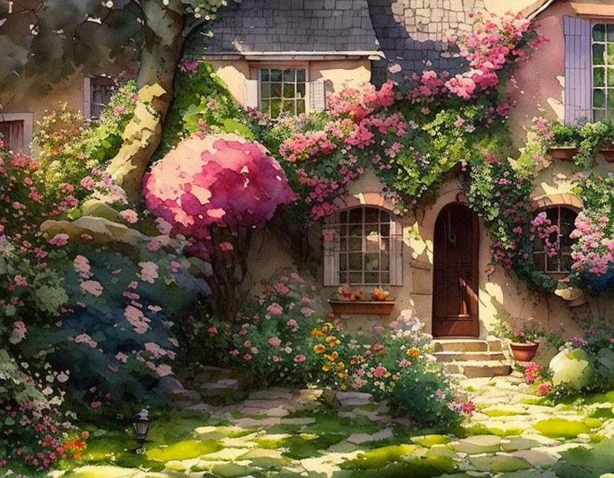 Charming cottage with ivy, flowers, and garden path