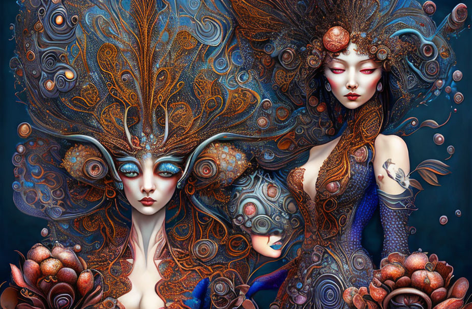 Ethereal women with ornate headpieces and tattoos on blue background