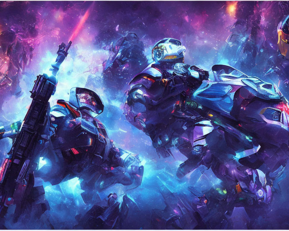 Vibrant cosmic battle with futuristic armored space warriors