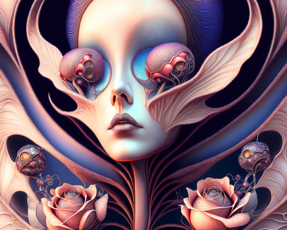 Surreal digital artwork: Face with mechanical eyes in ornate purple and pink backdrop