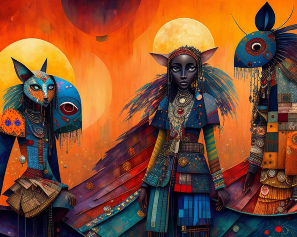 Colorful Tribal Attire on Stylized Characters with Animalistic Features