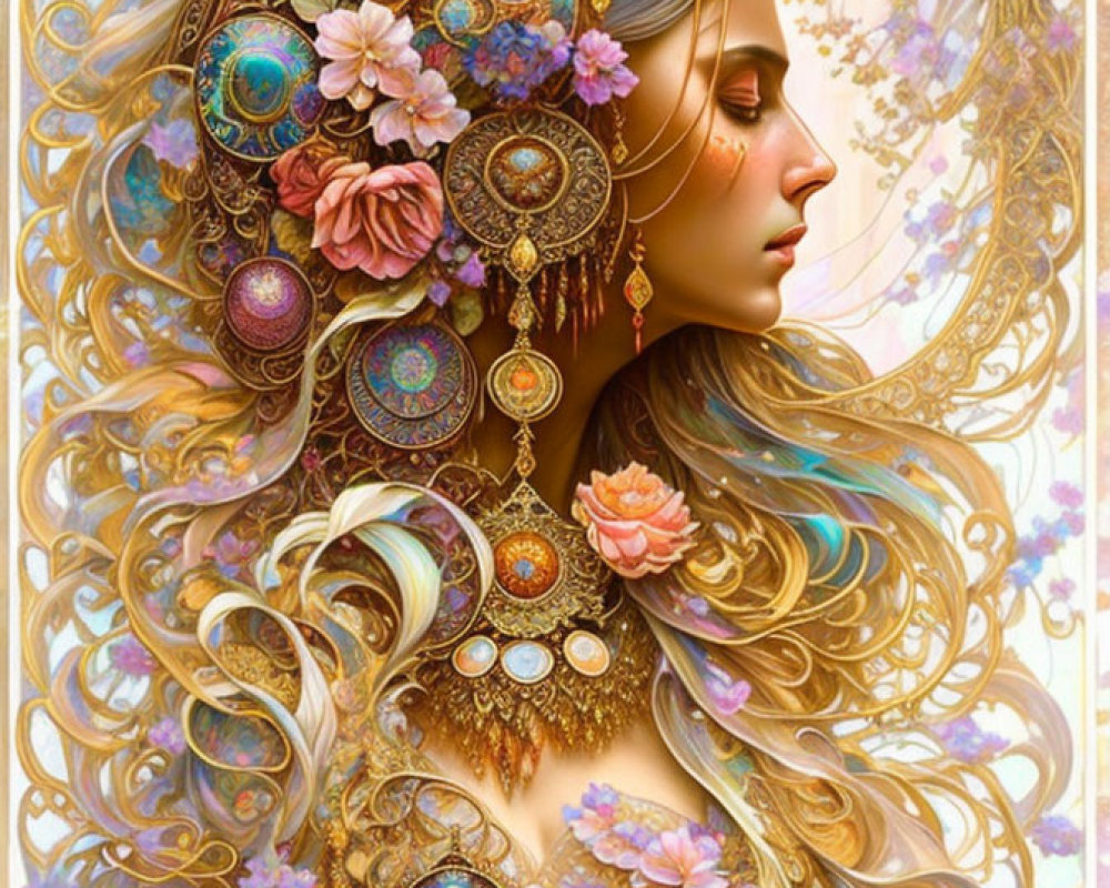 Detailed illustration of woman with gold jewelry and flowers on pastel backdrop