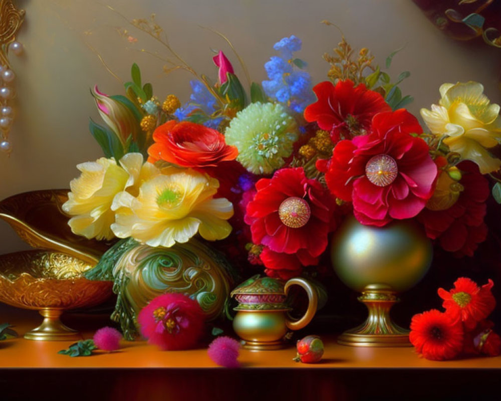 Colorful still life painting with flowers and golden vases on polished surface