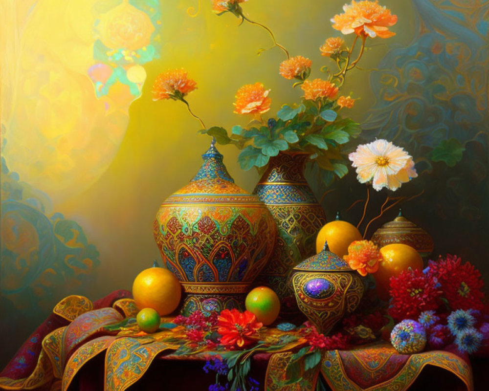 Vibrant Still Life: Ornate Vases, Flowers, Drapery, and Fruit on