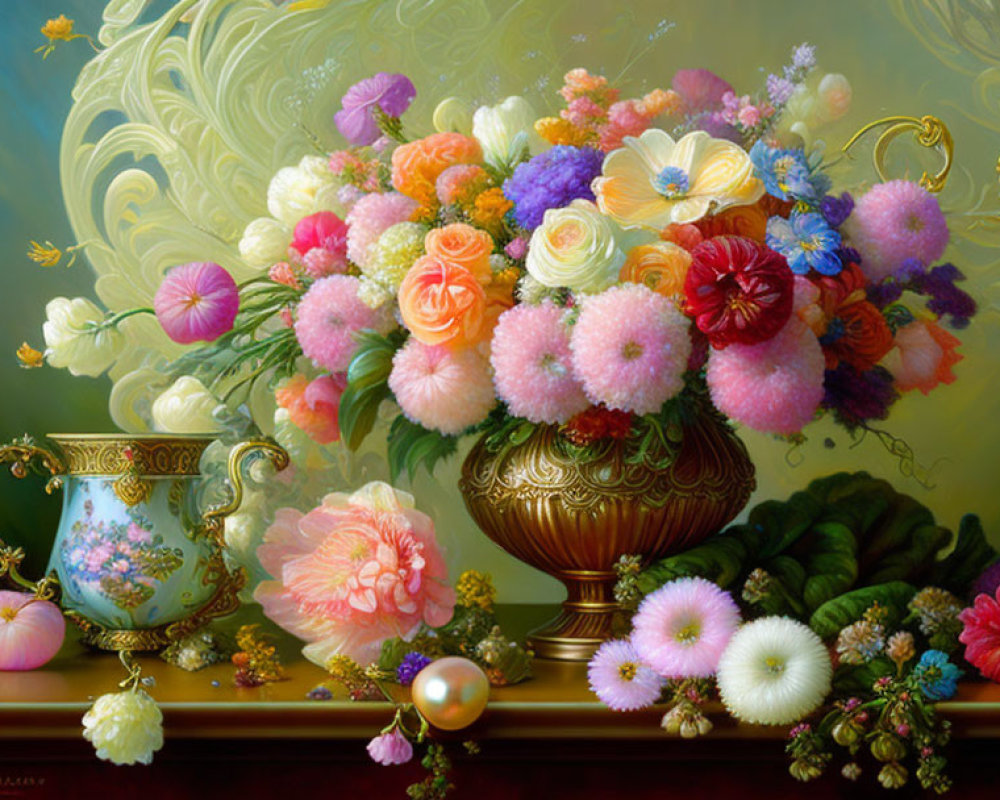 Detailed Still Life Painting: Vibrant Bouquet in Golden Vase on Dreamy Background