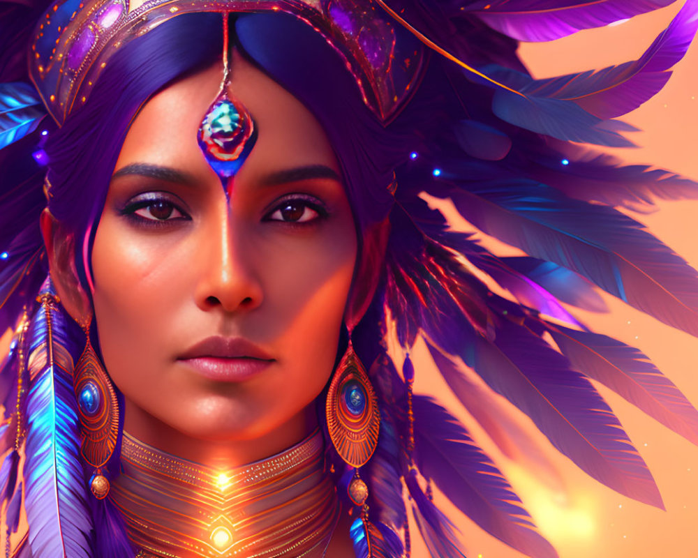 Striking Woman in Feather Headdress and Jewelry on Warm Backdrop