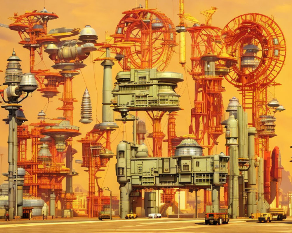 Futuristic cityscape with towering orange structures and looped transit tracks