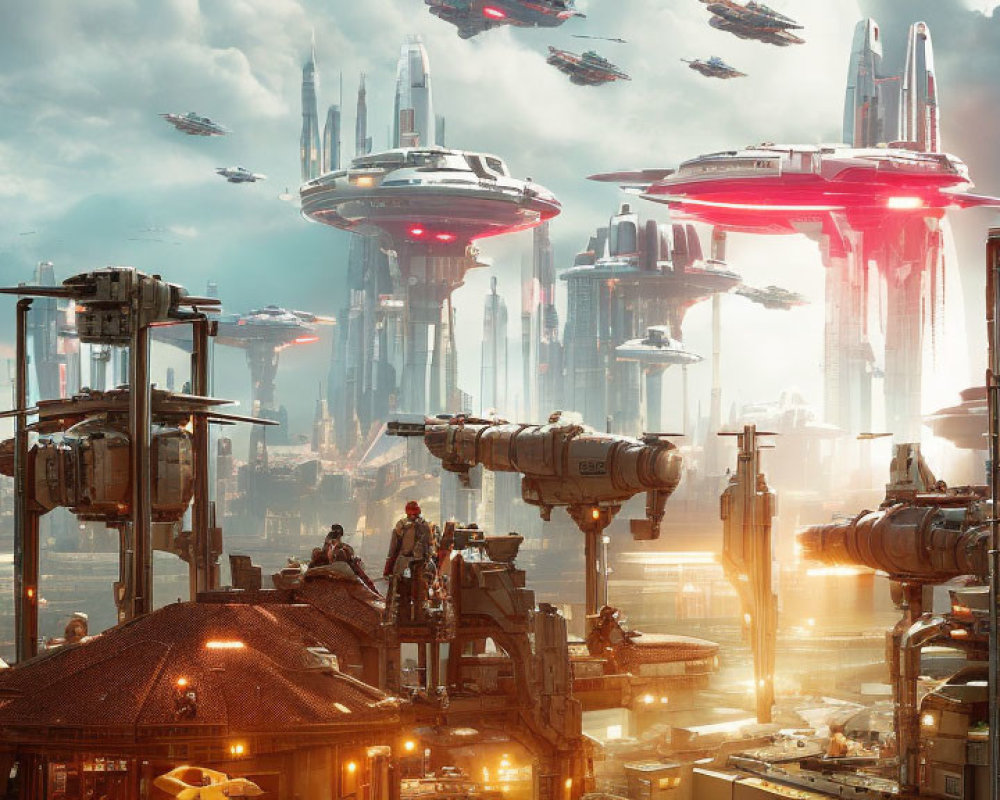 Futuristic cityscape with skyscrapers, flying vehicles, and machinery under a hazy,