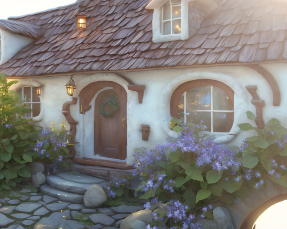 Thatched Roof Cottage with Round Windows and Purple Flowers