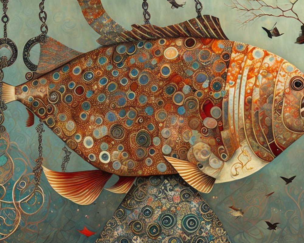 Intricate surreal fish art with birds and whimsical elements