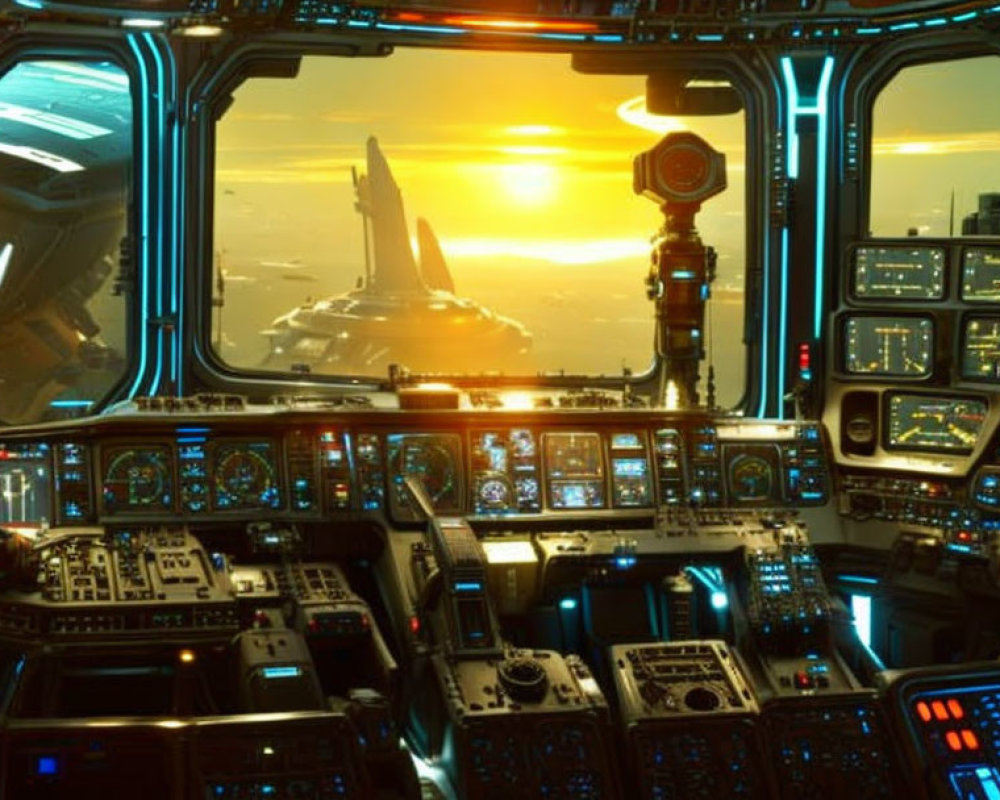 Futuristic spaceship cockpit with advanced control panels and sunrise view