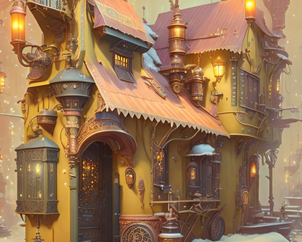 Fantasy steampunk building with ornate metalwork and whimsical architecture