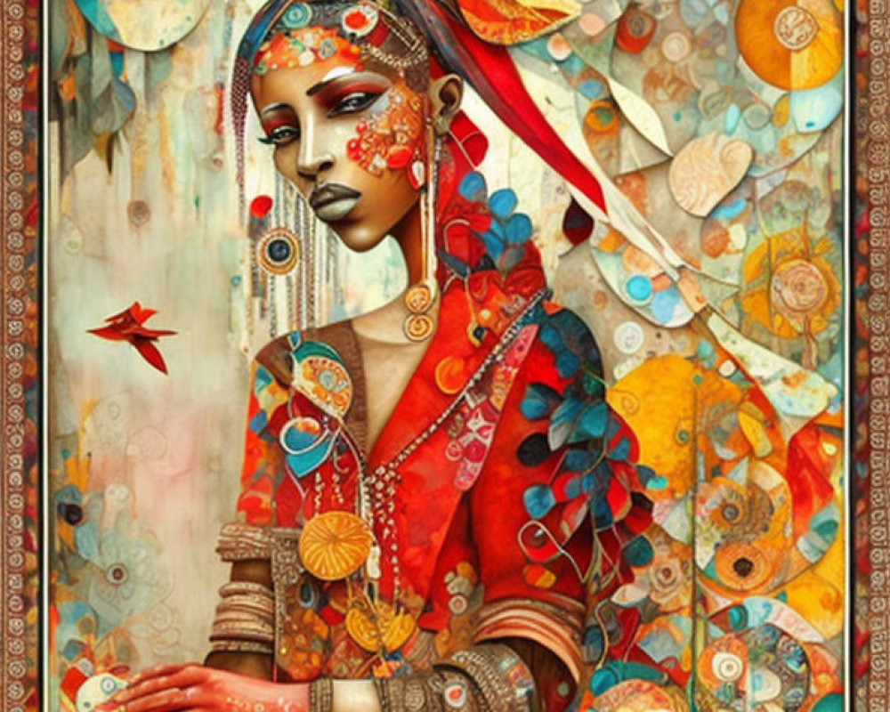 Colorful artwork of a woman in red attire with ornamental jewelry and a hummingbird against abstract patterns