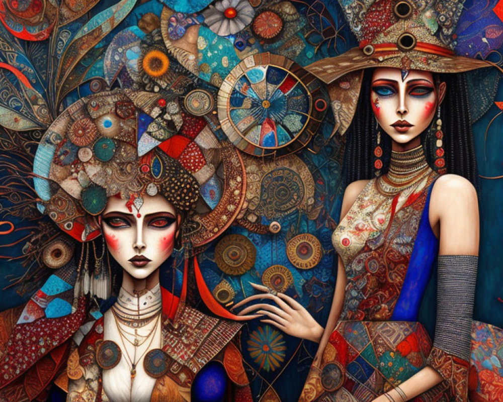 Stylized women in intricate attire against dark-blue background