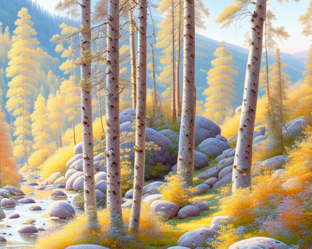 Autumnal river scene with tall trees, smooth rocks, and warm forest light.