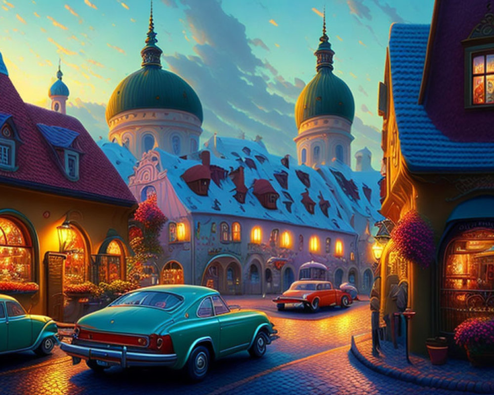 Animated street scene at dusk with snow-capped roofs, warm lights, vintage cars, European architecture