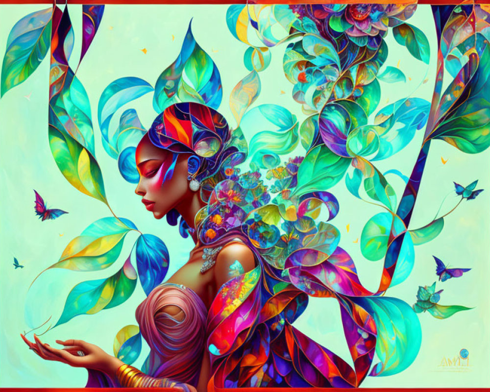 Colorful digital artwork of woman with floral headdress and butterflies.