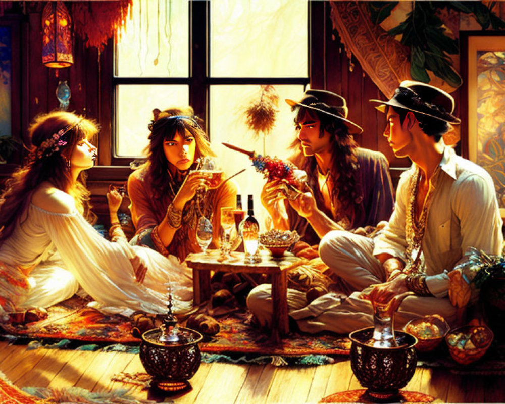 Four individuals in bohemian attire in a sunlit, plant-filled room with fruits and wine.