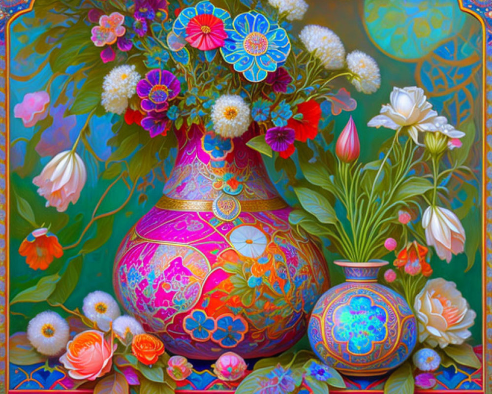 Colorful Floral Still Life with Ornate Vase and Background