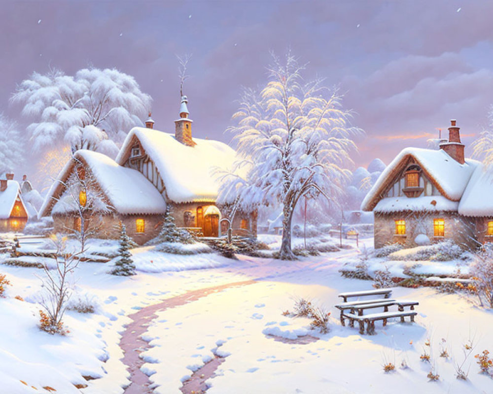 Snow-covered winter village with glowing cottages and falling snowflakes