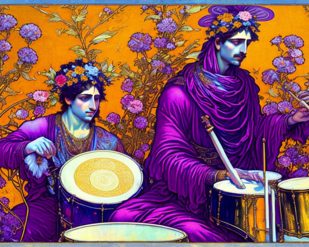 Stylized Greek figures in purple robes with floral backdrop and drum set