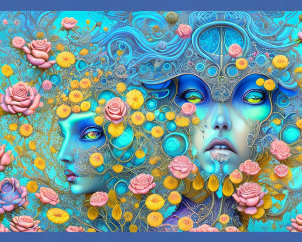 Colorful digital artwork of two surreal faces with floral designs on blue background