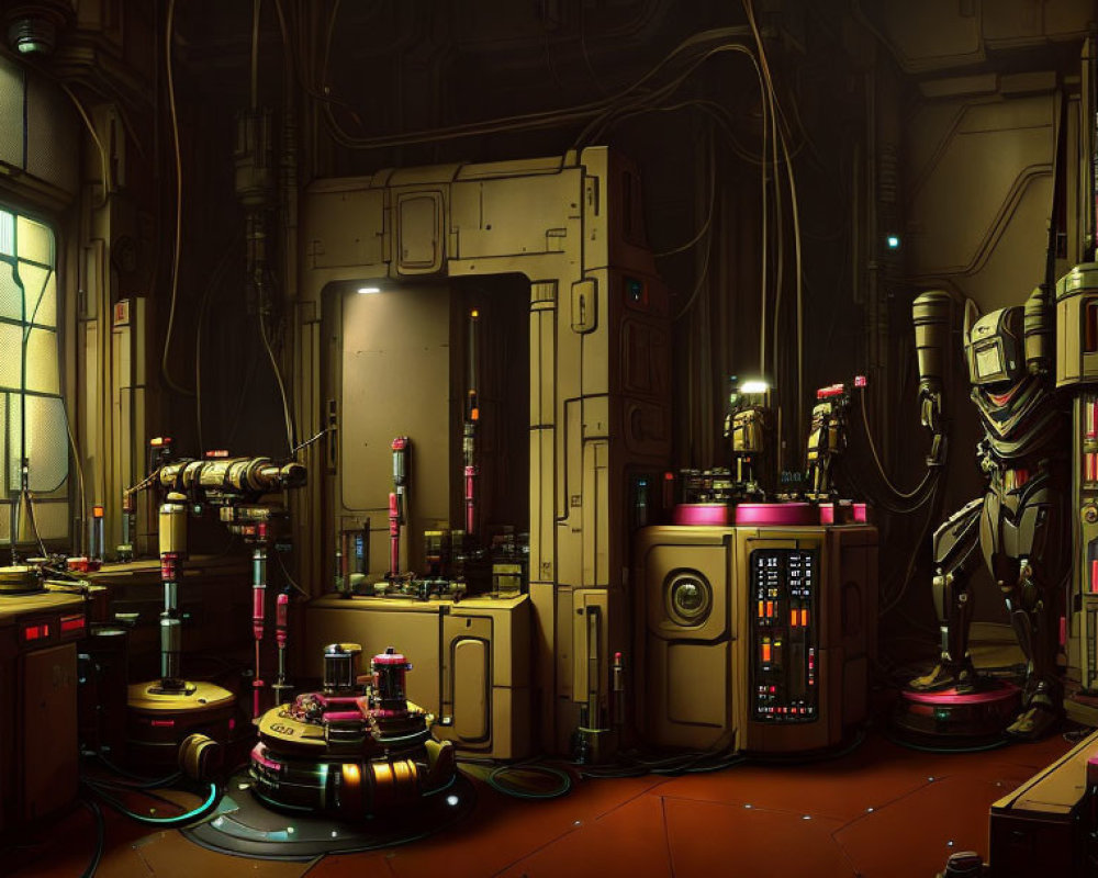 Futuristic industrial room with machinery, pipes, and robotic arm.