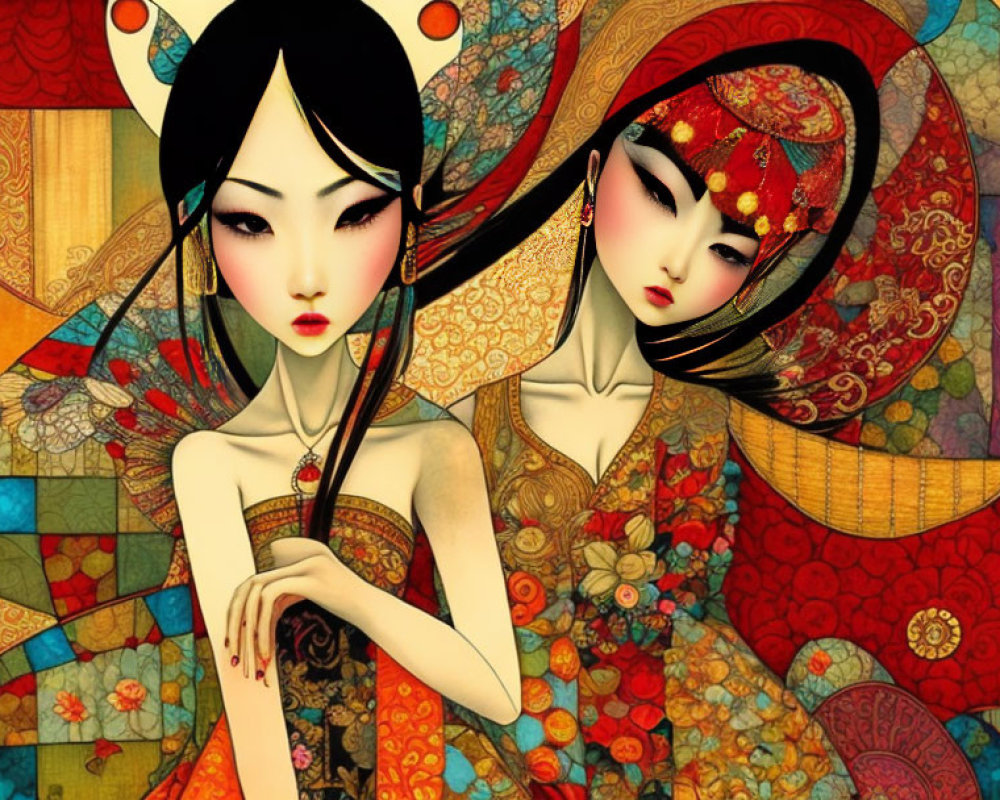 Stylized animated female figures in colorful attire on patterned background